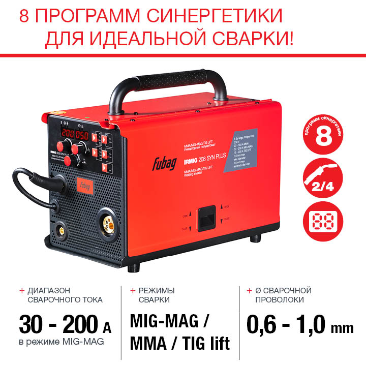 Сварочный полуавтомат Fubag IRMIG 208 SYN PLUS + Маска сварщика + Сварочные краги