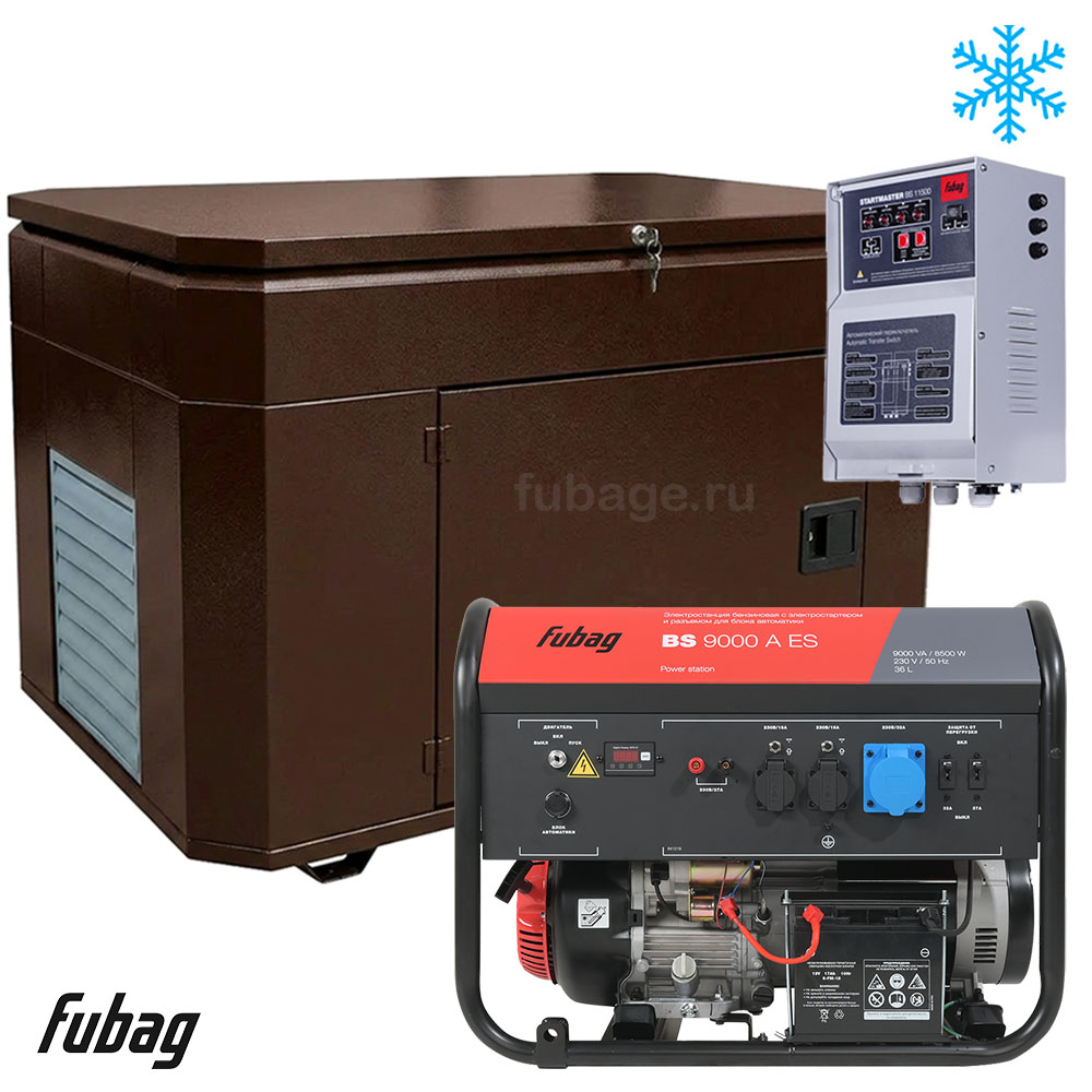 Бензиновый генератор в зимнем супер тихом кожухе с блоком АВР Fubag BS 9000 AES/1400SSW RAL 8019